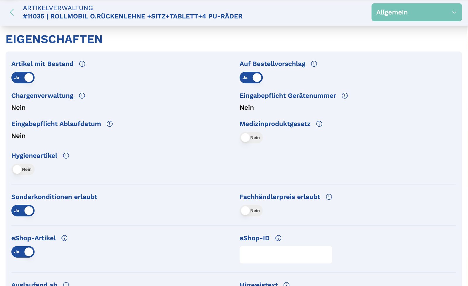 Artikeleigenschaften mit Schaltern