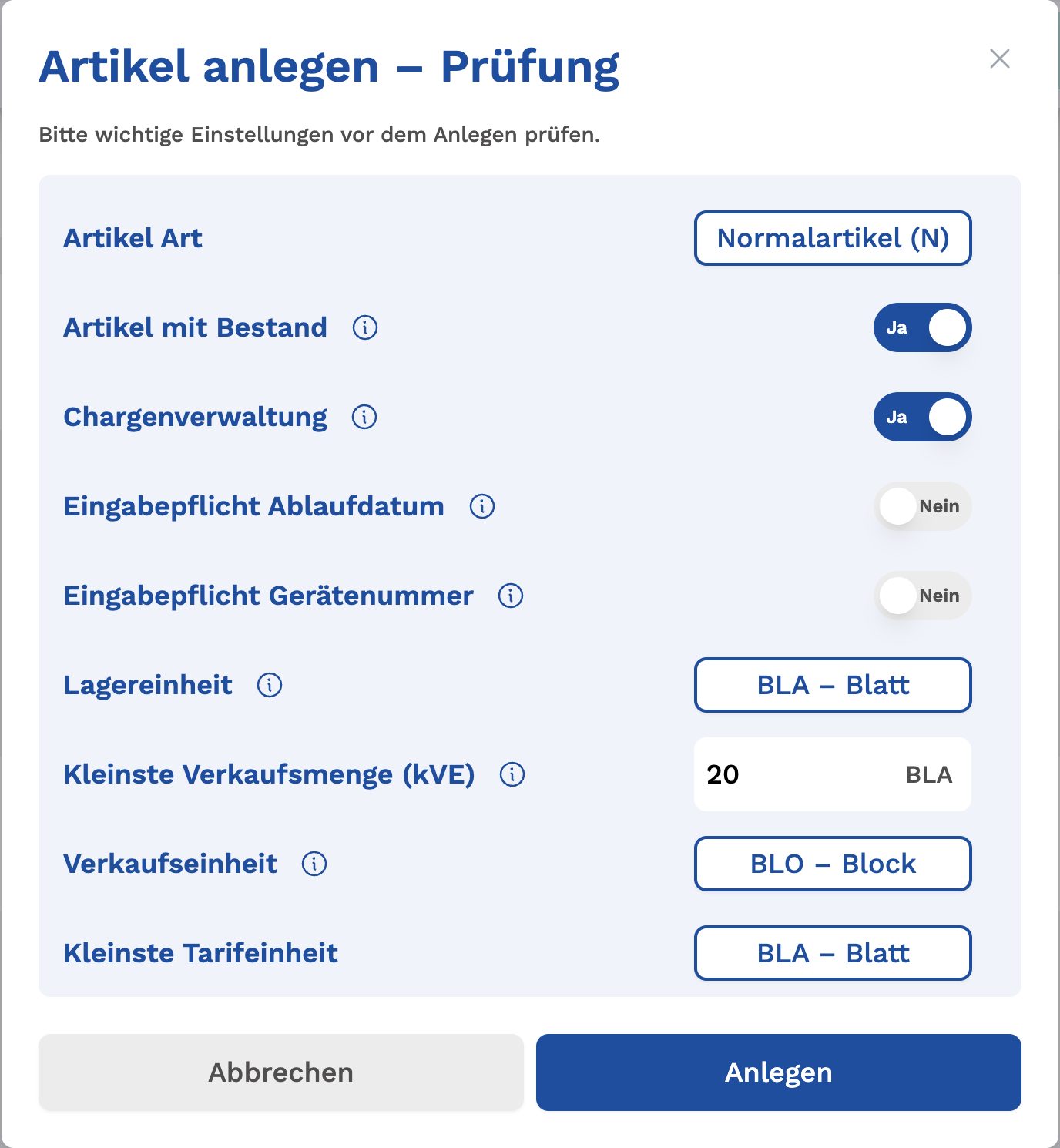 Prüfdialog beim Anlegen eines Artikels