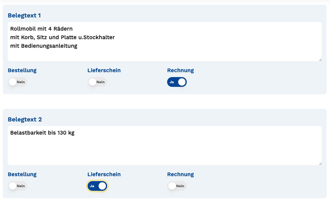 Belegtexte mit Ausgabe auf Bestellung Lieferschein Rechnung