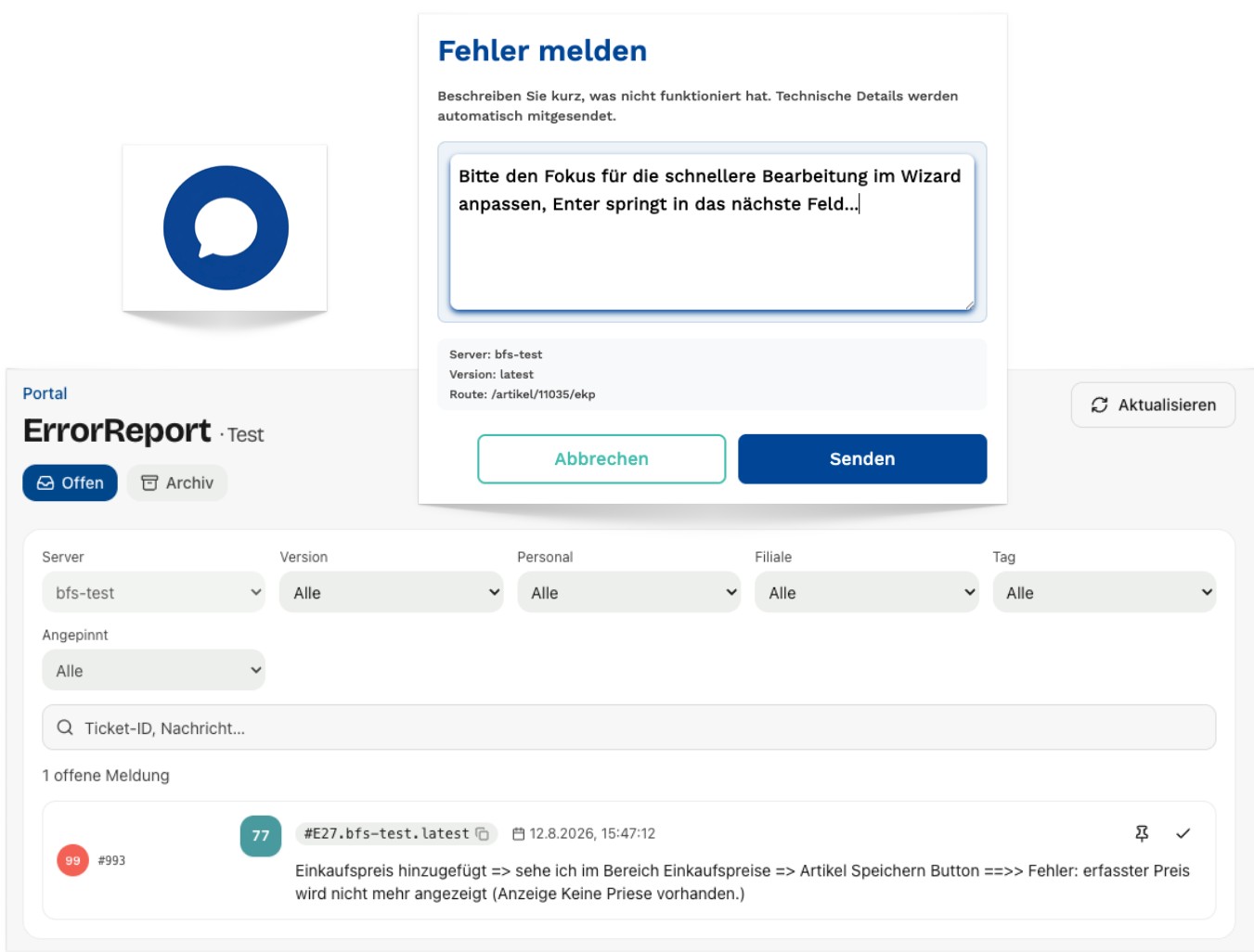 Fehler direkt aus dem System an die Entwicklung melden