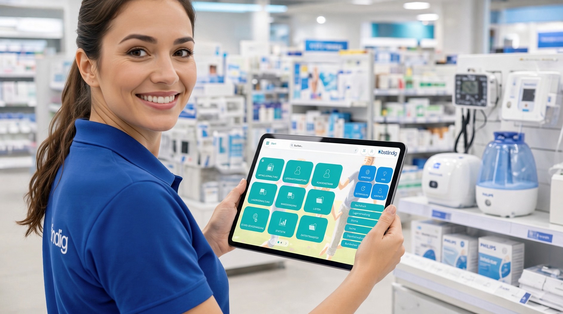 bständig-Mitarbeiterin mit BFS 2.0 auf dem Tablet in der Filiale