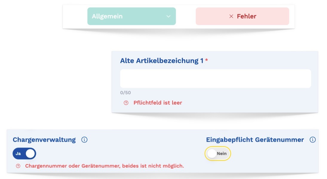 Hinweise und Pflichtfelder direkt am Feld